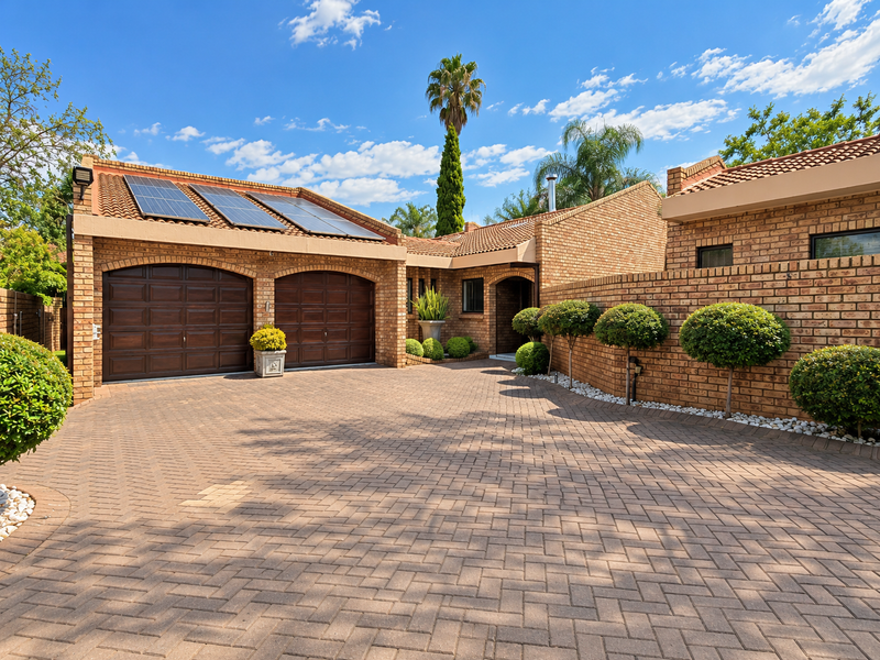 Well-maintained townhouse exterior featuring a double garage, solar panels, and a neat paved driveway with established garden landscaping.