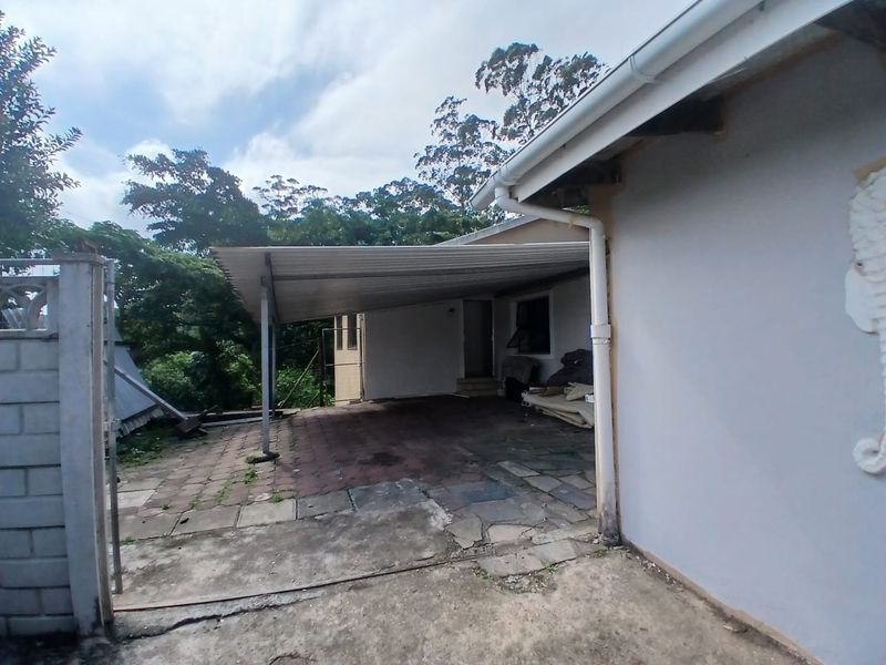 A covered outdoor patio area featuring paved flooring and a corrugated metal roof structure, providing a functional space for outdoor living.