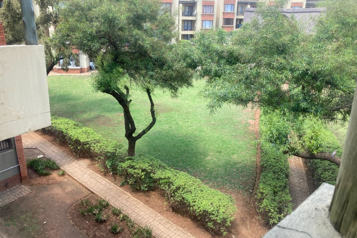 A view of the communal garden area featuring paved walkways and established landscaping within the apartment complex grounds.