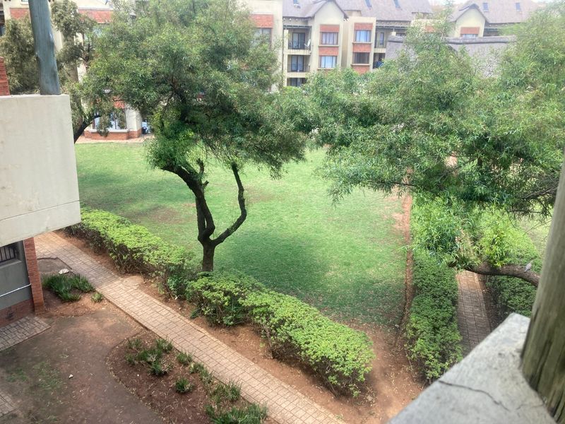 A view of the communal garden area featuring paved walkways and established landscaping within the apartment complex grounds.