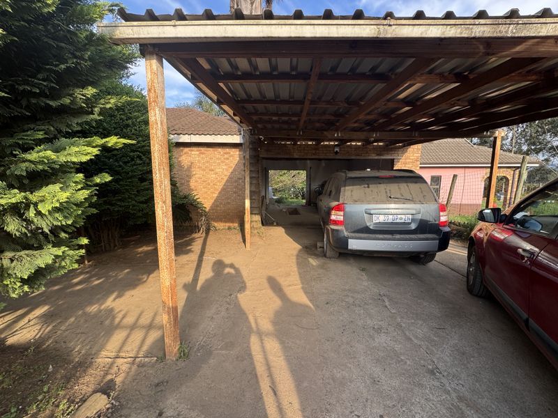 An open-sided carport structure with a corrugated metal roof and timber supports, featuring a concrete driveway and brick exterior wall.