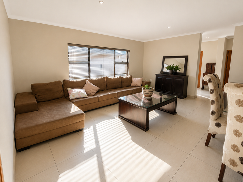 A bright and spacious living room featuring neutral tiled flooring, recessed downlighting, and large windows fitted with venetian blinds.