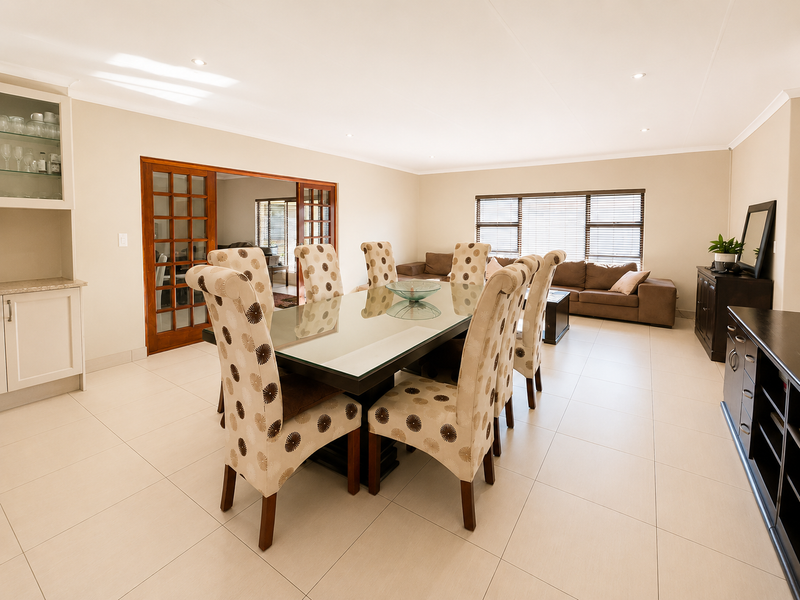 Spacious open-plan living and dining area featuring neutral tiled flooring, recessed lighting, and direct access through timber-framed glass doors.