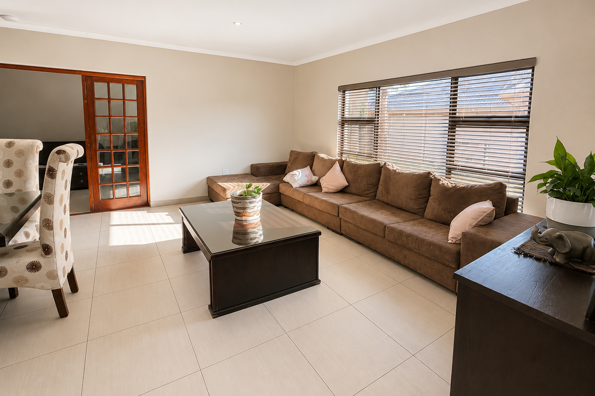 A bright and spacious living room featuring neutral tiled flooring, recessed downlighting, and large windows fitted with venetian blinds, leading to an adjacent room.