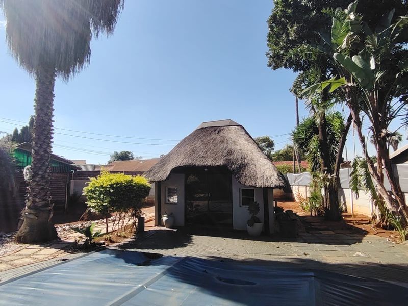 Outdoor pool area featuring a traditional thatched lapa, paved patio space, and established garden surroundings under a clear sky.