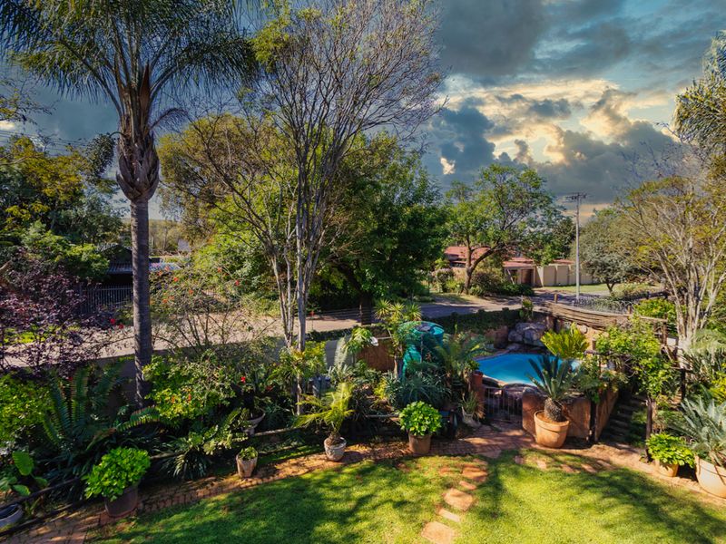 Elevated view of a lush garden featuring a swimming pool, stone retaining walls, and established landscaping in a residential setting.