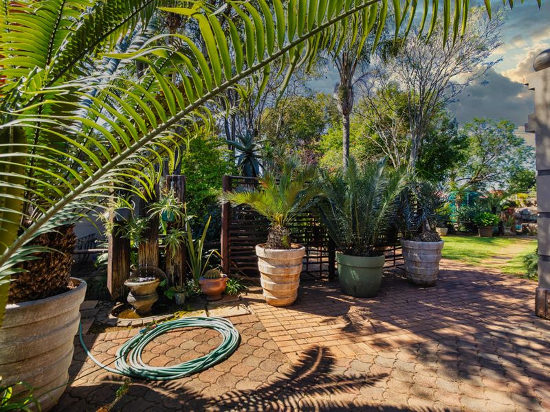 A well-maintained garden area featuring brick paving, a timber privacy screen, and a small water feature surrounded by established greenery.