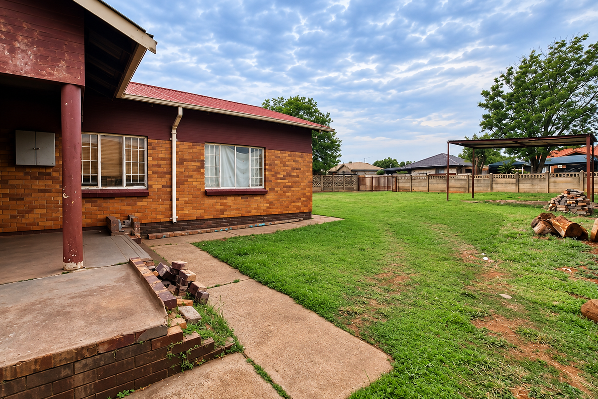 Rear view of the property featuring a brick facade, covered patio area, and a spacious backyard with a metal carport structure and perimeter walling.