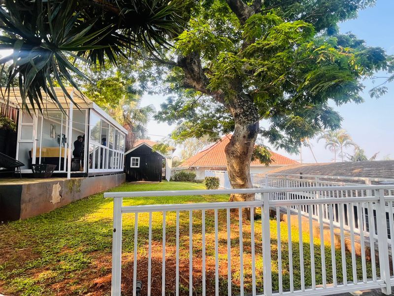 Rear garden area featuring a lawn, mature tree, white metal balustrade, and an enclosed patio structure with a retaining wall.