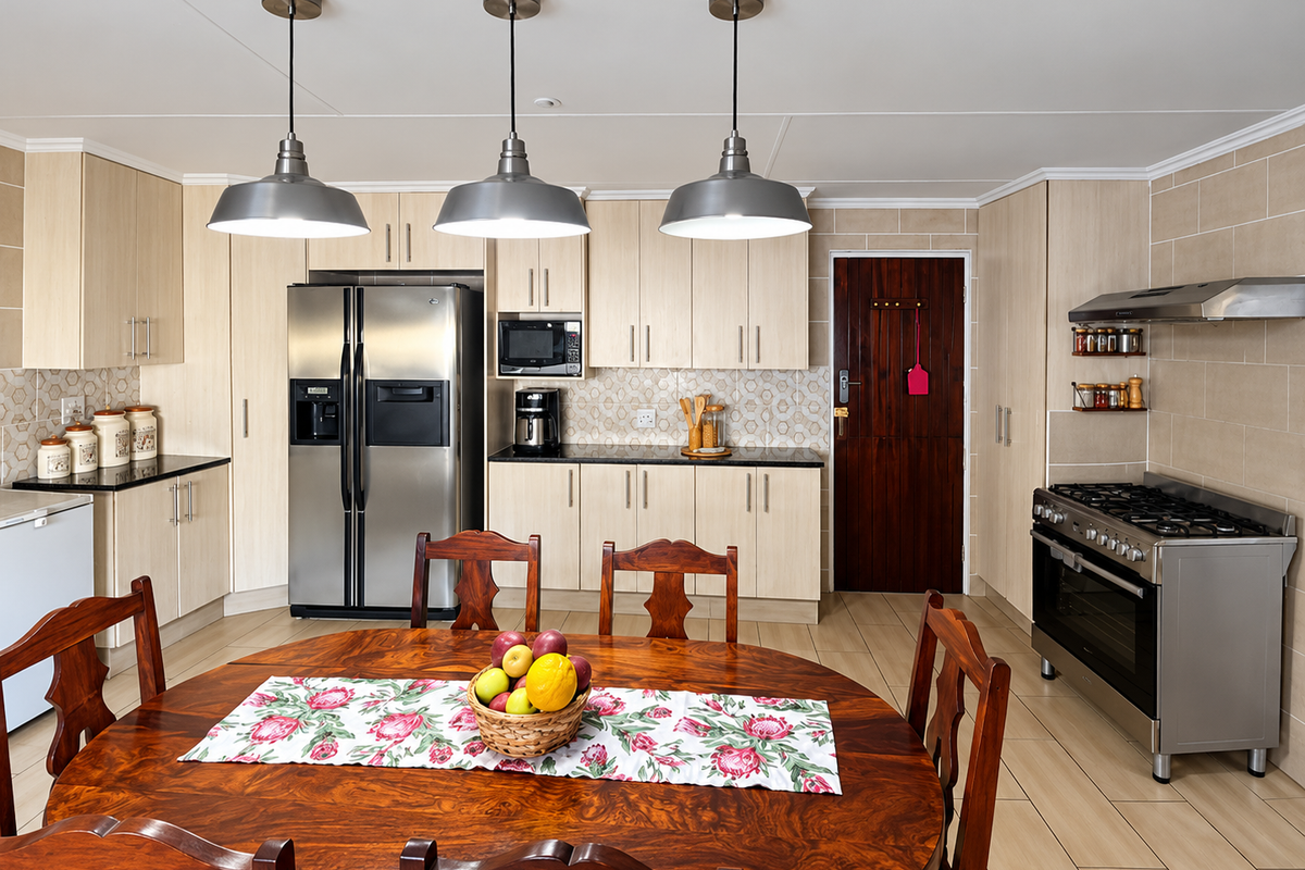 A well-maintained kitchen featuring light wood cabinetry, granite countertops, stainless steel appliances, tiled backsplash, and modern pendant lighting over a dining area.