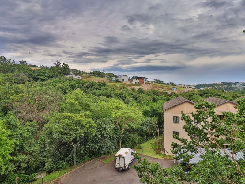 Elevated view overlooking a lush green valley, surrounding residential properties, and a paved driveway area.