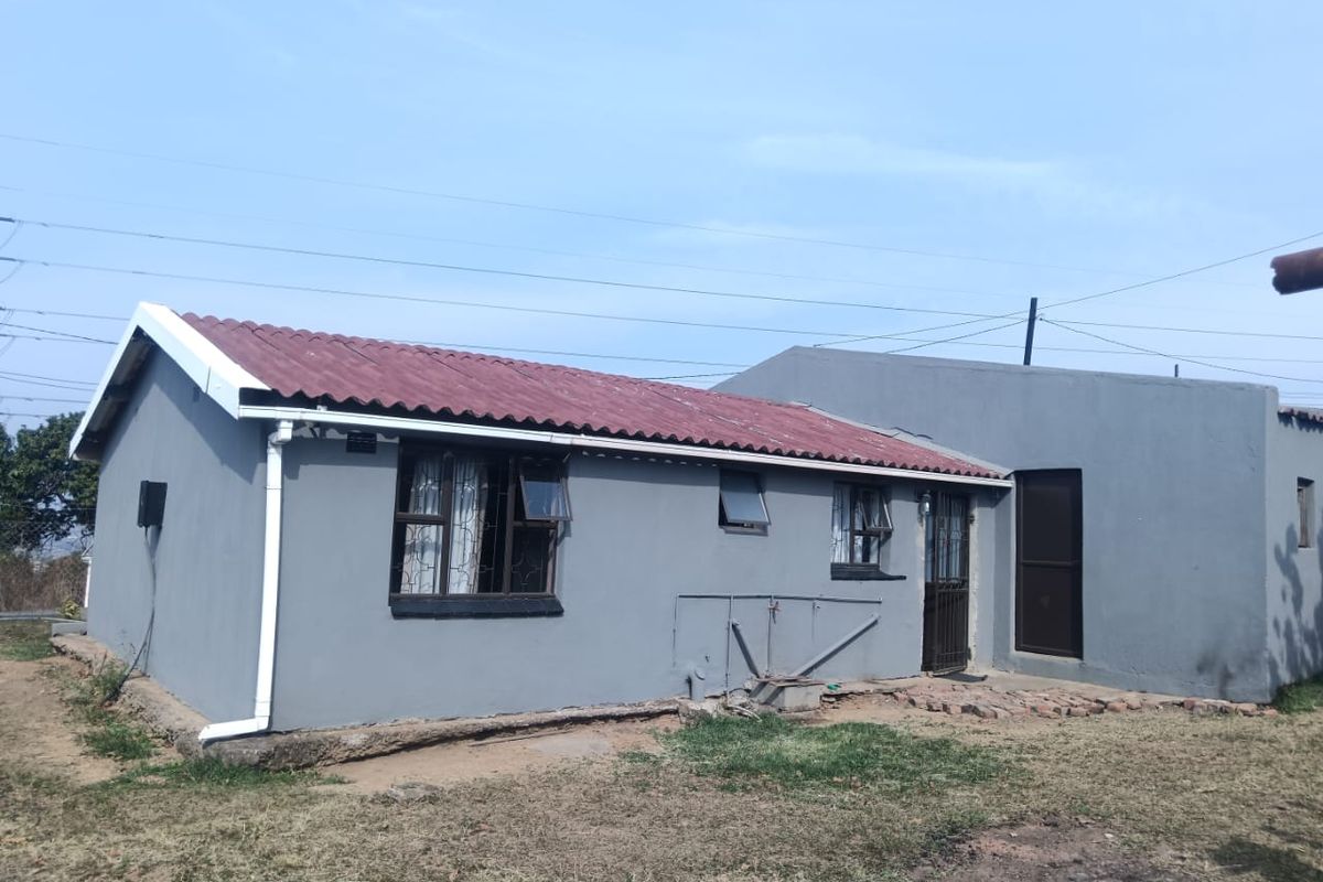 Rear view of a single-story house featuring grey painted walls, a corrugated roof, and security-fitted windows and doors.