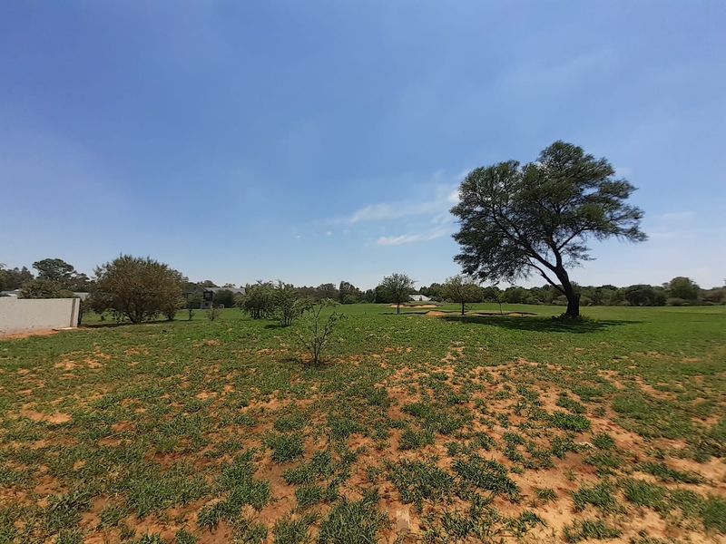 A wide-angle view of a spacious, level residential plot featuring established trees and a natural grass lawn.