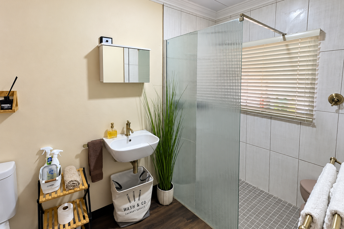 A well-maintained bathroom featuring a wall-mounted basin, fluted glass shower screen, and tiled shower enclosure with brass fixtures.