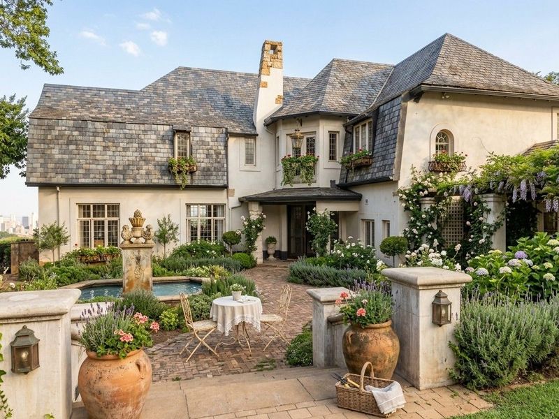 A beautifully landscaped rear garden featuring a stone fountain, brick patio, and a charming multi-story residence with a slate roof.