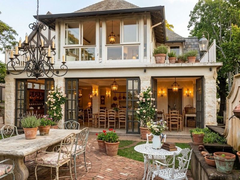 A charming rear exterior view featuring a stone facade, bi-fold doors opening to a brick patio, an upper balcony, and a classic stone water feature.