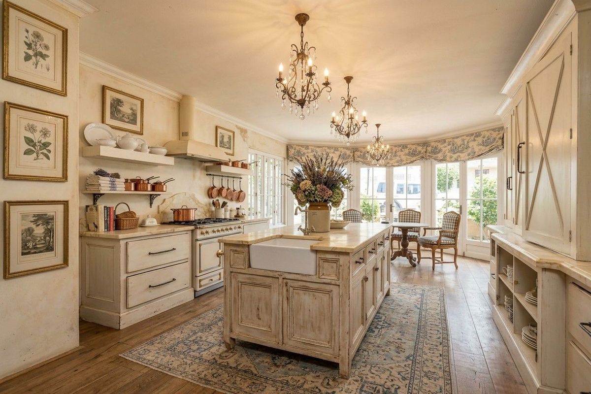A charming, rustic-style kitchen featuring a central island with a farmhouse sink, stone countertops, custom cabinetry, and elegant chandeliers, opening to a bright dining area.