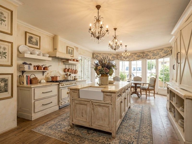 A charming, rustic-style kitchen featuring a central island with a farmhouse sink, stone countertops, custom cabinetry, and elegant chandeliers, opening to a bright dining area.