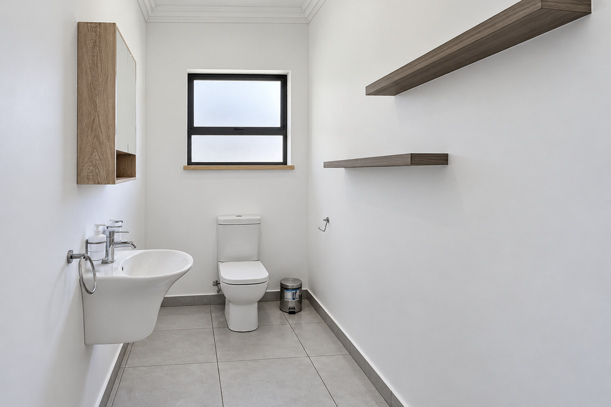 A clean, modern guest bathroom featuring a wall-mounted basin, toilet, floating shelving, and neutral tiled flooring with a frosted window for privacy.