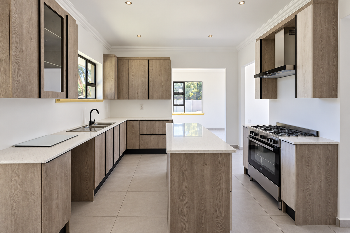 Modern kitchen featuring wood-finish cabinetry, stone countertops, a central island, and high-quality built-in appliances including a gas hob and oven.