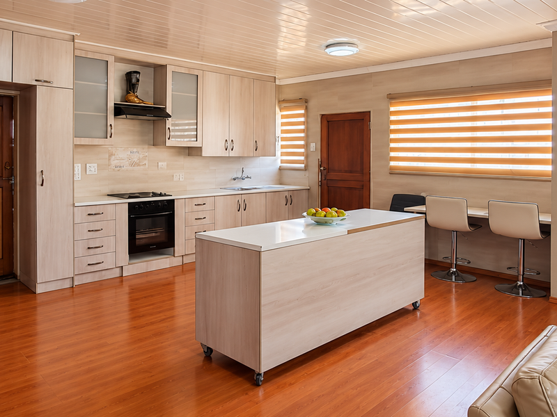 Spacious kitchen featuring light wood cabinetry, a central island, laminate flooring, and integrated appliances, offering a functional and bright cooking and dining space.
