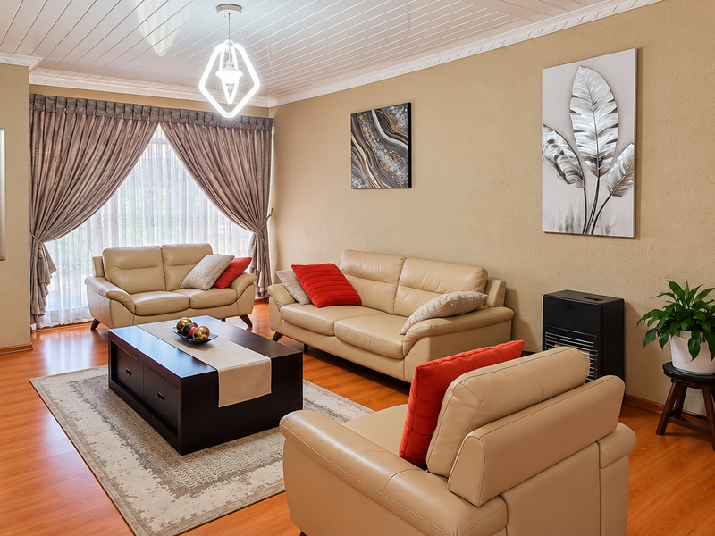 A comfortable living room featuring laminate flooring, a tongue and groove ceiling with crown molding, and a sliding glass door leading to the exterior.