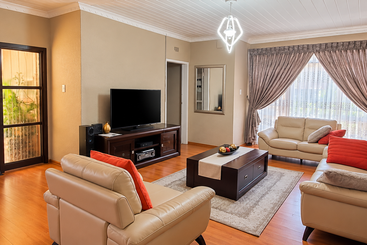 A well-maintained living room featuring warm laminate flooring, a timber-paneled ceiling with decorative cornice, and a classic timber-framed glass entrance door.