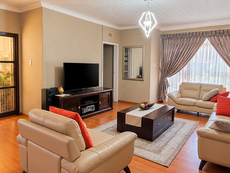 A well-maintained living room featuring warm laminate flooring, a timber-paneled ceiling with decorative cornice, and a classic timber-framed glass entrance door.