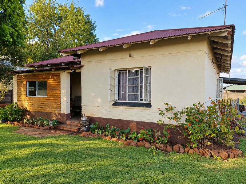 Rear view of a single-story house featuring a corrugated metal roof, timber cladding accents, and established garden beds with brick masonry walls.
