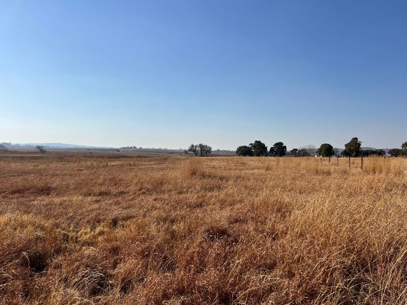 Expansive open farm land featuring dry grass fields and distant tree lines under a clear blue sky.