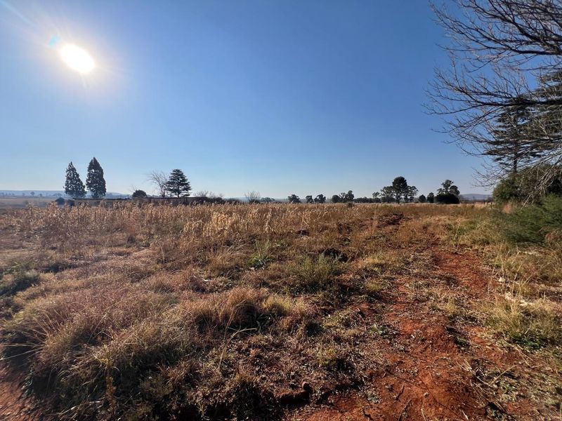 A wide-angle view of the expansive farm landscape featuring open fields and a dirt access track under a clear blue sky.