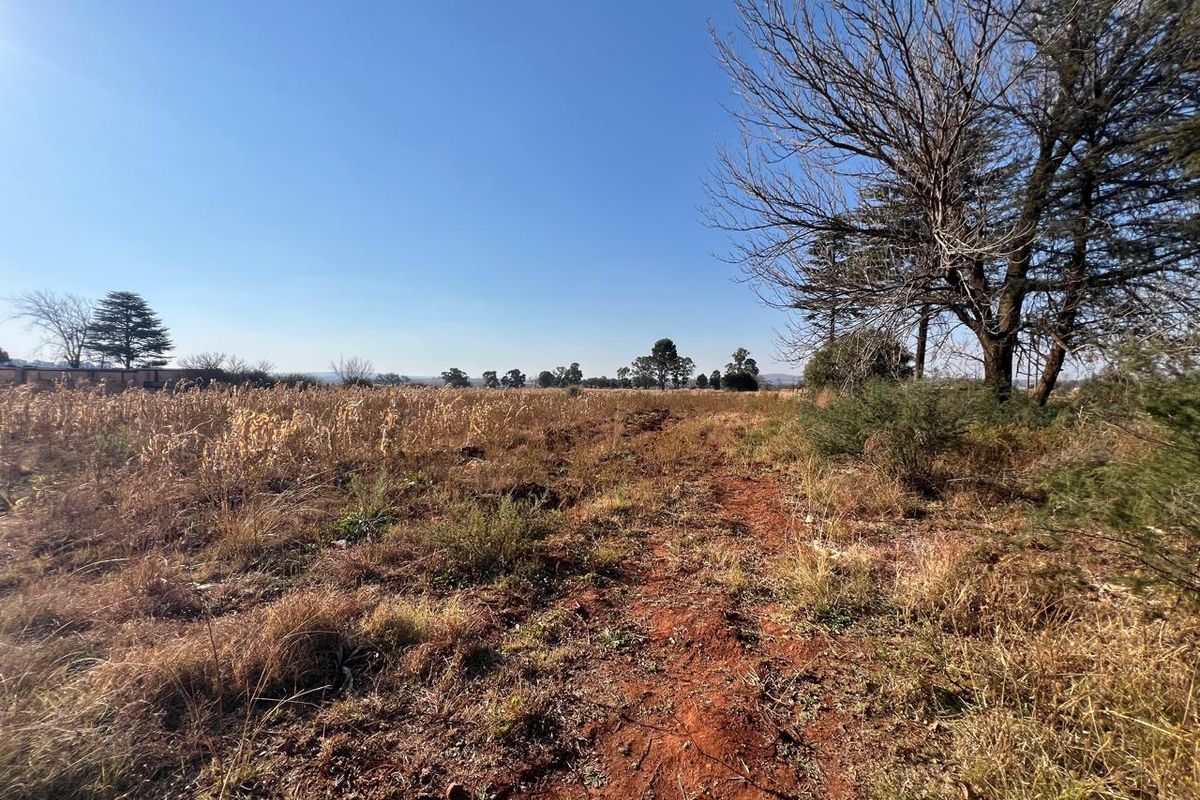 A wide-angle view of the open farm landscape featuring natural vegetation, dry grass, and mature trees under a clear blue sky.