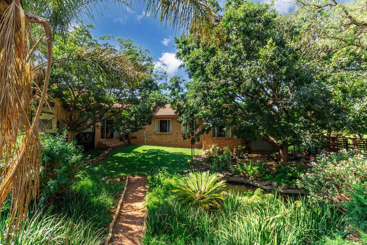 A view of the rear garden featuring mature trees, a small pond, and a brick-faced house exterior with a tiled roof.
