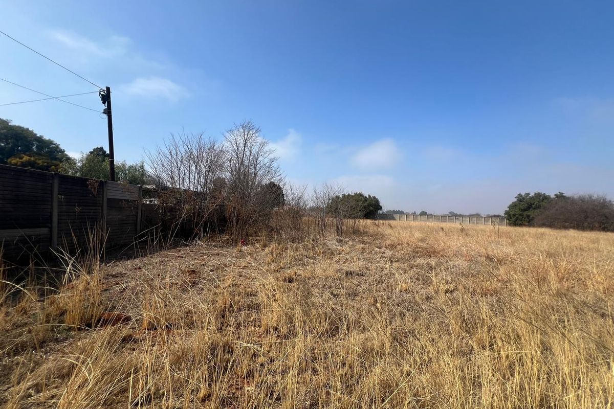 A view of a vacant residential plot featuring dry grass, natural vegetation, and a precast concrete boundary wall along the perimeter.