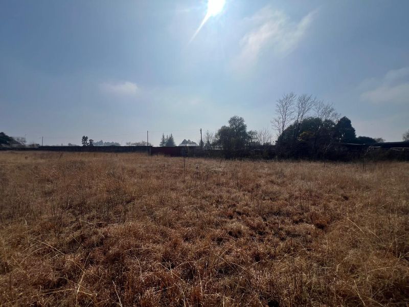 A wide-angle view of a vacant residential plot featuring dry grass and a perimeter boundary wall.