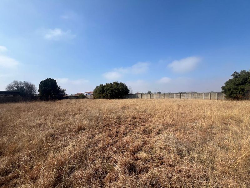 A wide-angle view of a vacant residential plot featuring dry grass and a perimeter boundary wall.