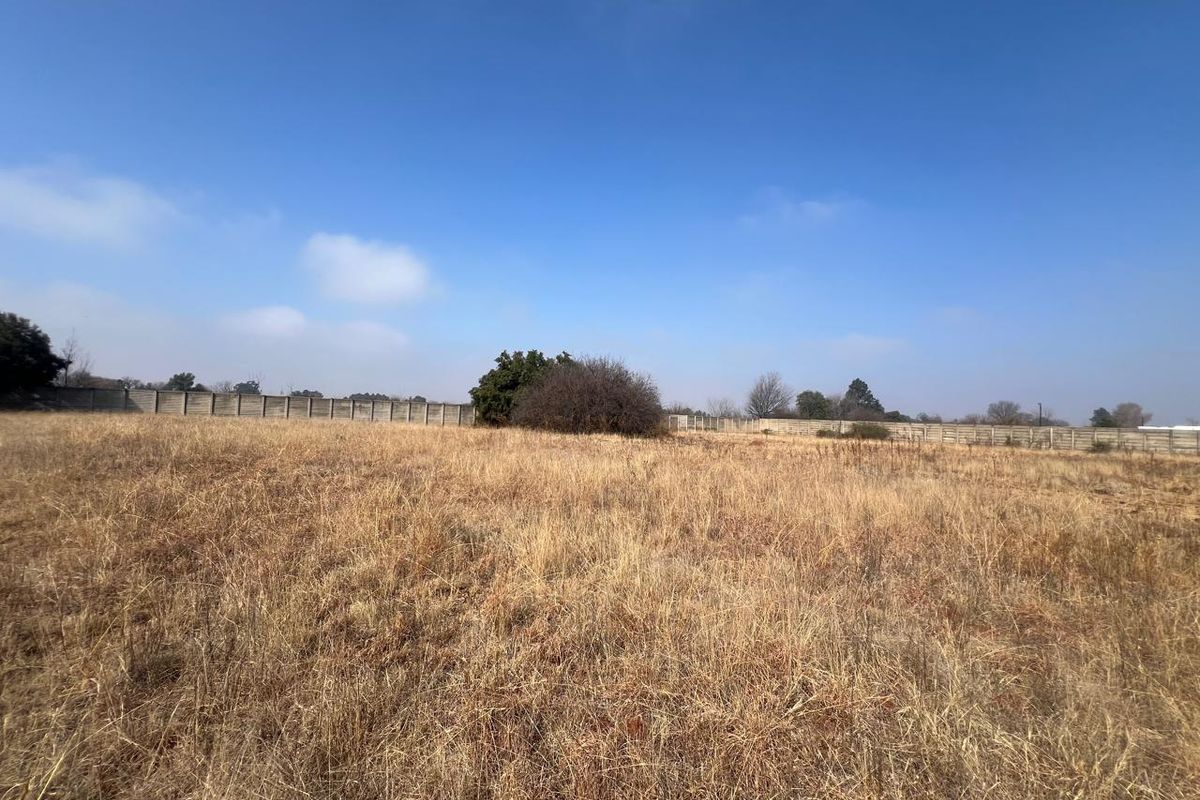A wide-angle view of a vacant residential plot featuring dry grass, mature shrubs, and perimeter boundary walls.