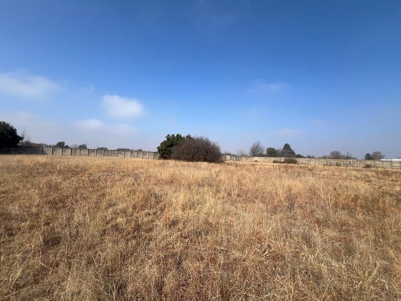 A wide-angle view of a vacant residential plot featuring dry grass, mature shrubs, and perimeter boundary walls.