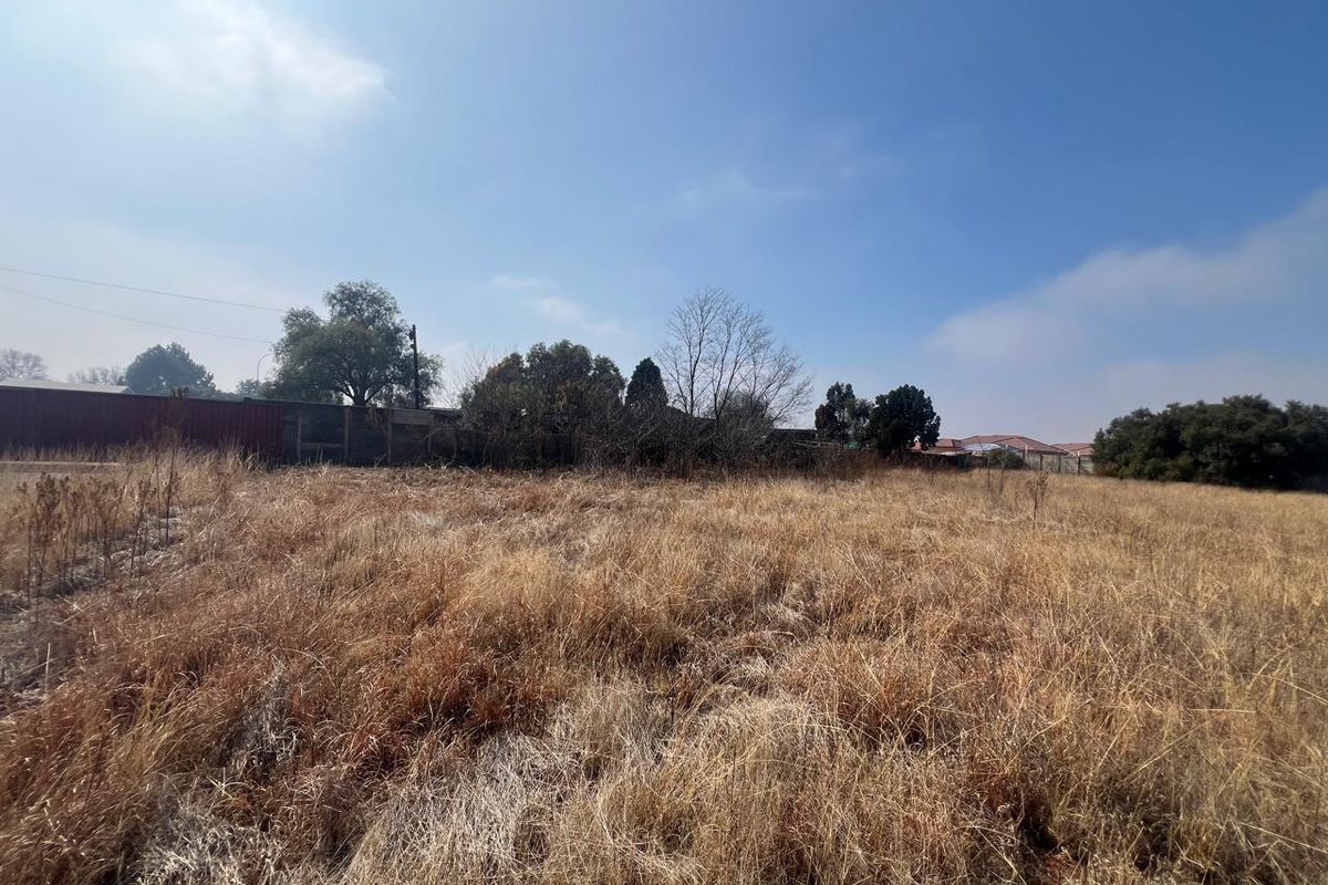 A view of the vacant residential land featuring dry grass, perimeter fencing, and mature trees in the background.