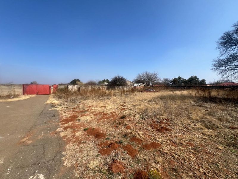 A vacant residential plot featuring a paved driveway, perimeter walling, and a metal gate, currently covered in dry, overgrown vegetation.