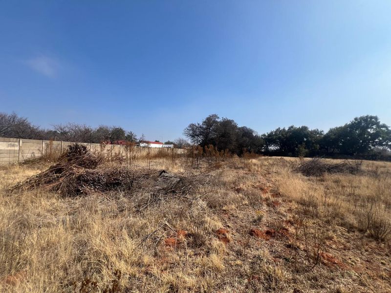A vacant residential plot featuring dry grass, scattered vegetation, and a perimeter boundary wall.