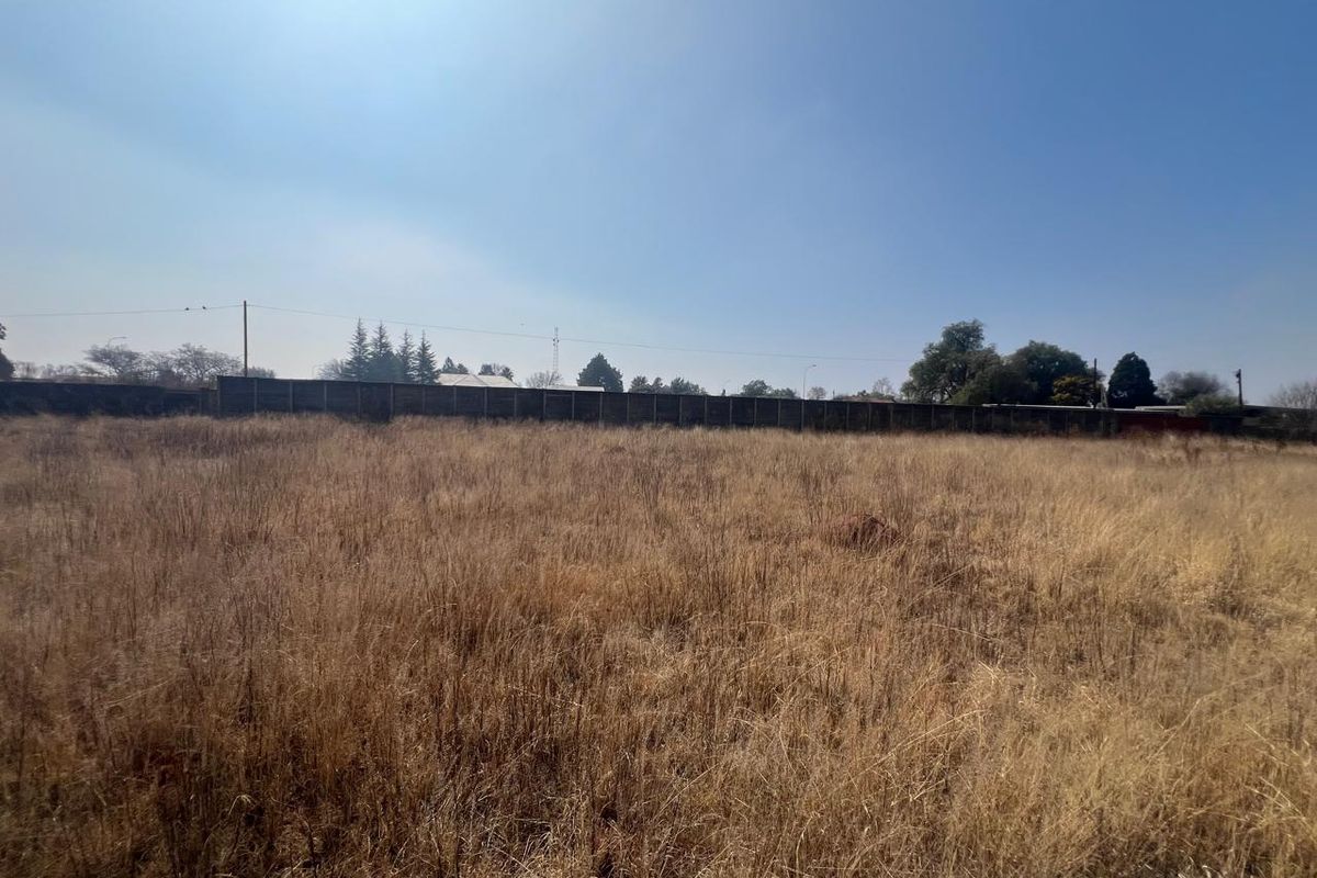 A view of a vacant residential plot featuring dry grass and a perimeter boundary wall.