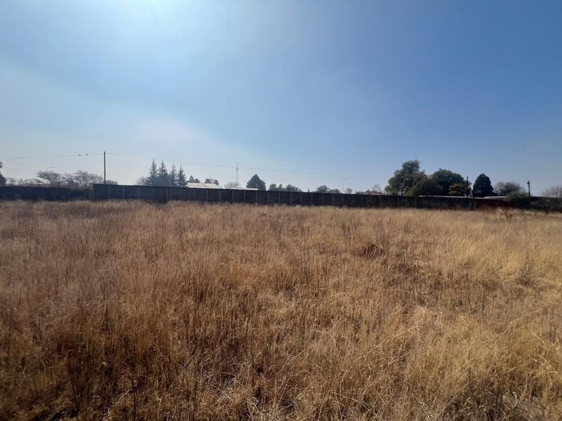 A view of a vacant residential plot featuring dry grass and a perimeter boundary wall.