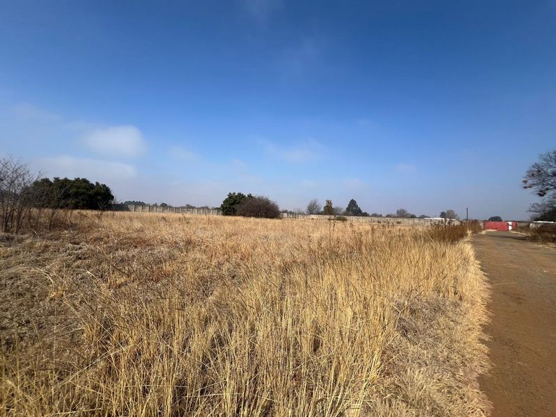 A vacant residential plot featuring dry grass, a dirt access road, and a perimeter wall boundary.
