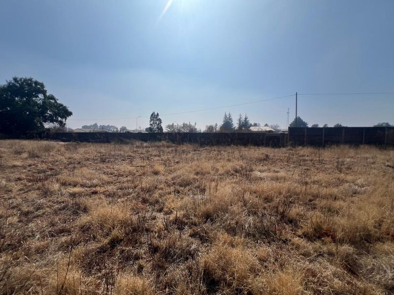 A vacant residential plot featuring dry grass, a perimeter wall, and utility infrastructure, offering a blank canvas for future development.