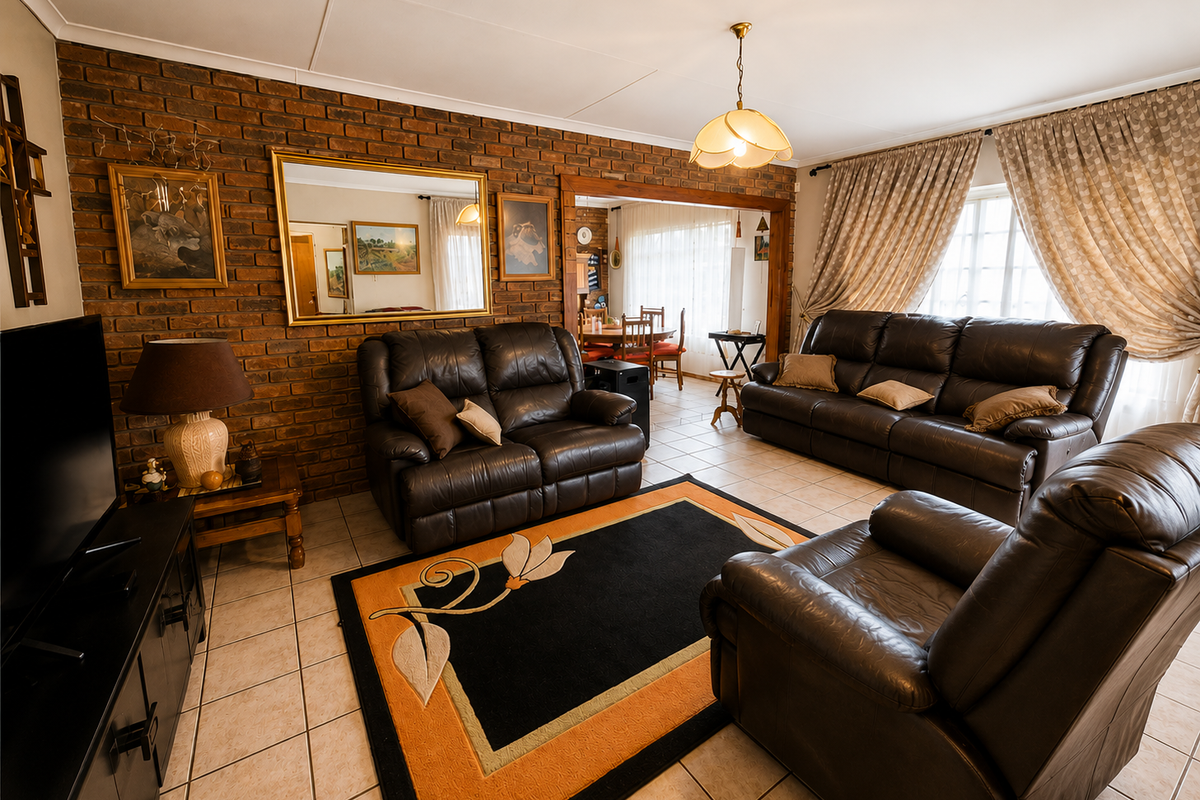 A spacious living room featuring an exposed brick feature wall, ceramic tiled flooring, and a coved ceiling, providing a warm and traditional atmosphere.