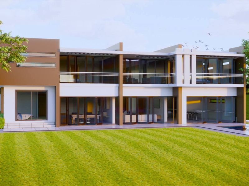 Modern two-story residential property featuring extensive glass bi-fold doors, a spacious balcony, covered patio area, and a private swimming pool.