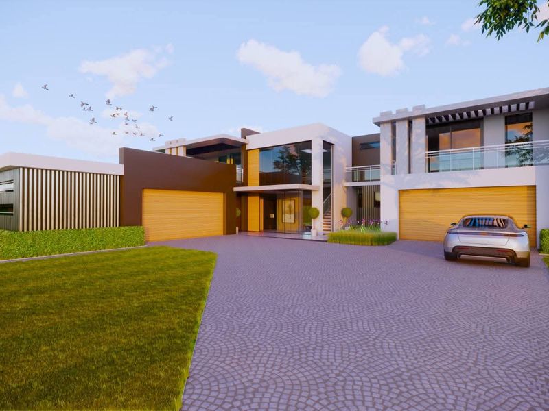 A modern architectural house design featuring a double garage, paved driveway, and expansive glass facade with a balcony.