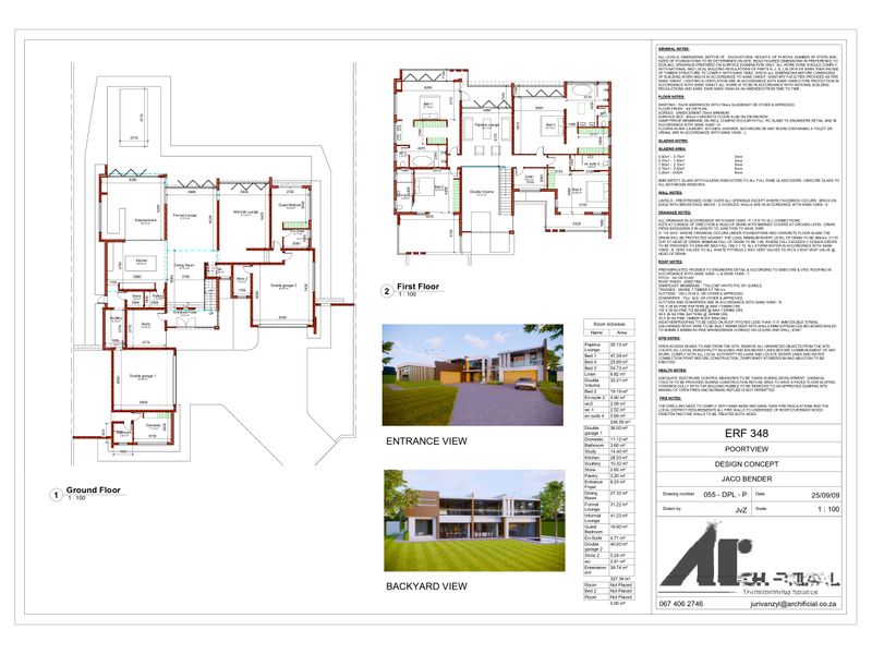 Architectural floor plan and design concept for a residential property, including ground and first-floor layouts, site details, and exterior elevation views.