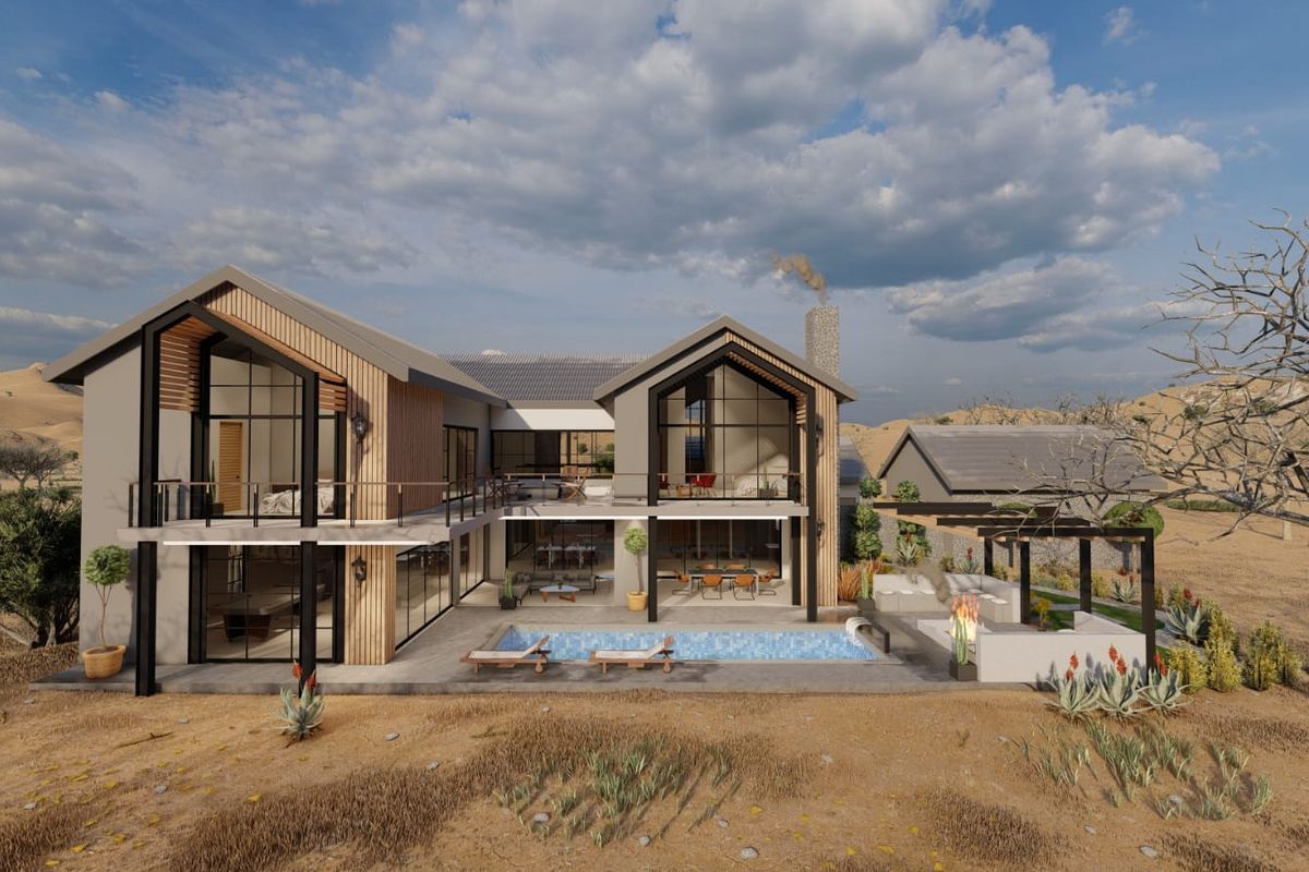 A modern architectural rendering of a rear exterior view featuring a swimming pool, covered patio, and expansive glass windows in a desert landscape.